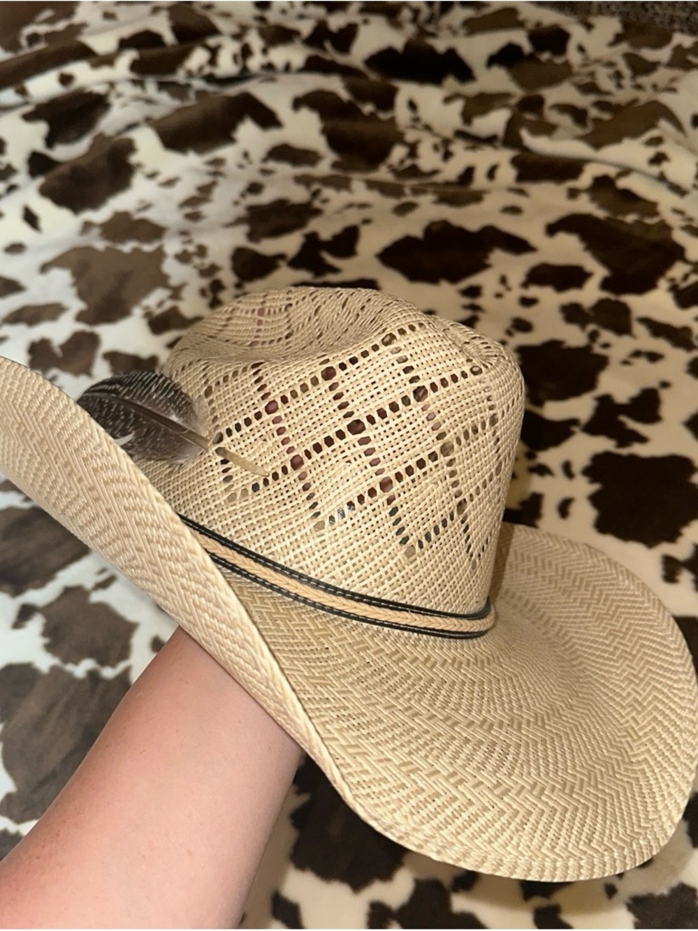 Straw Cowboy Hat with Feather Accent - Natural